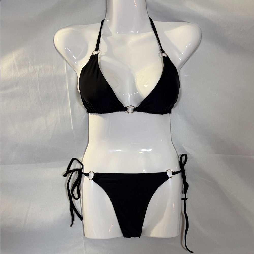 Black Ring-Accent Triangle Bikini Set